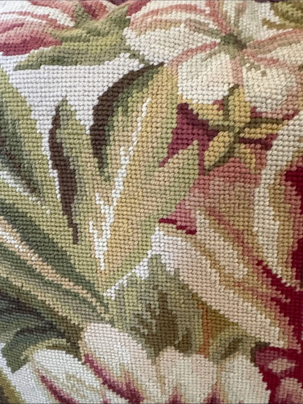 Floral needlepoint Throw Pillow in Red, Burgundy, Cream, Beige, Pink and Green